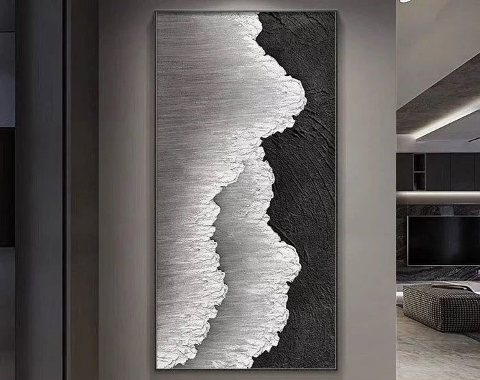 Black & White Minimalist Ocean And Sky Textured Canvas Art #OC043