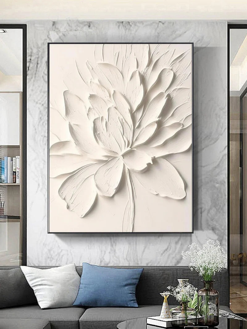 White Minimalist Flower And Tree Textured Canvas Art #MF022