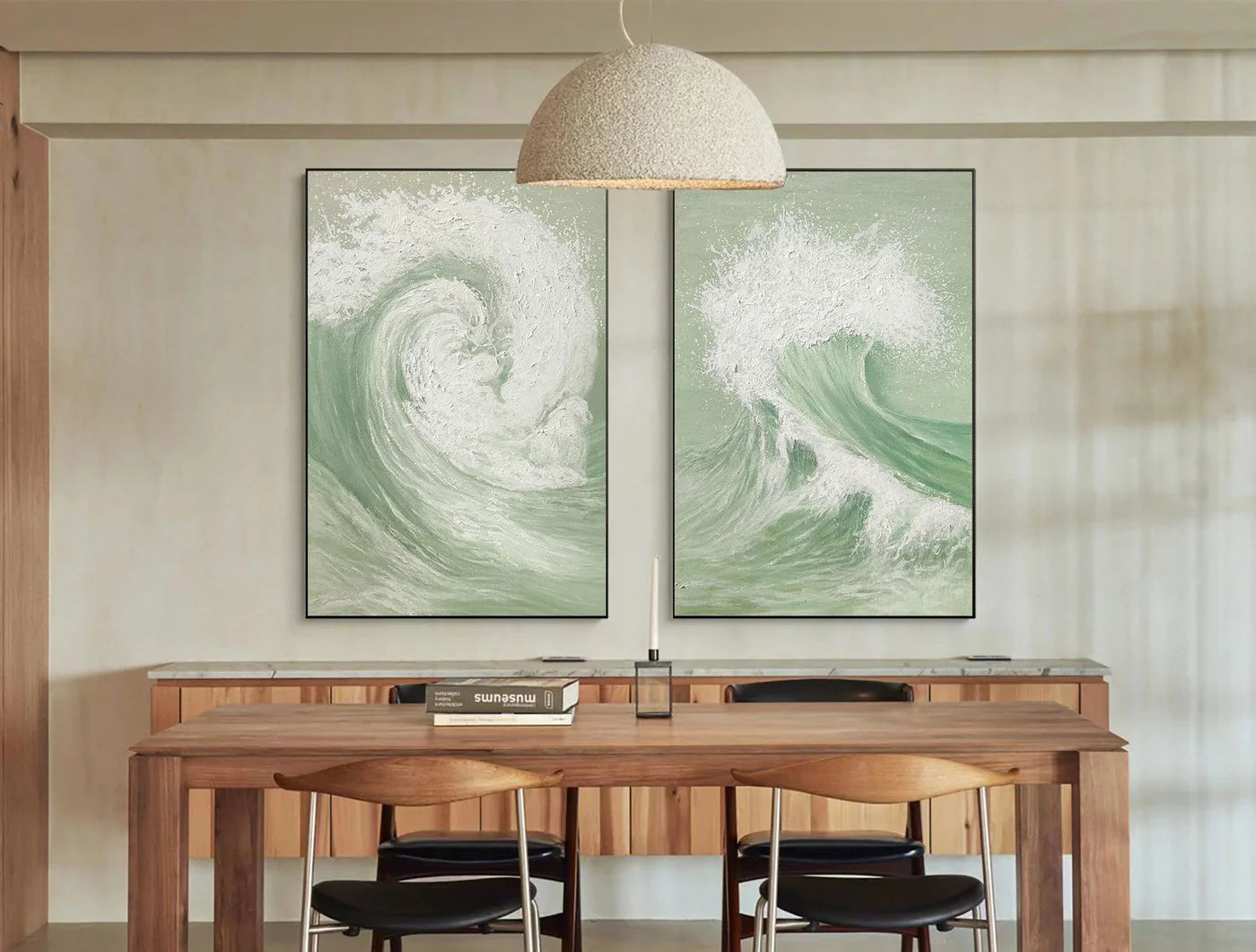 White & Green Minimalist Ocean And Sky Textured Set Of 2 Canvas Art #OC053