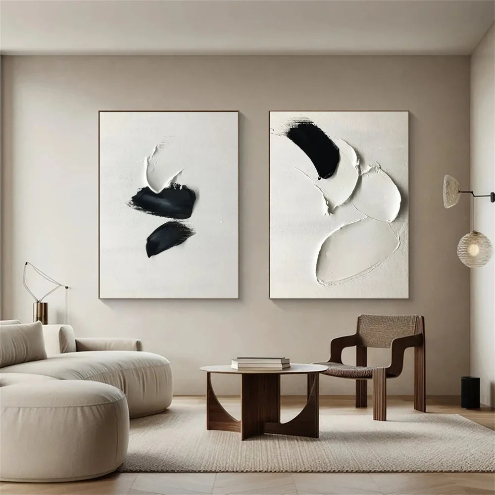 Black and White Minimalist Textured Canvas Art Set of 2 #WZ009