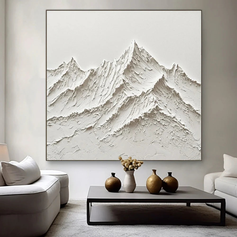 White Minimalist Mountain Textured Canvas Art #BT013