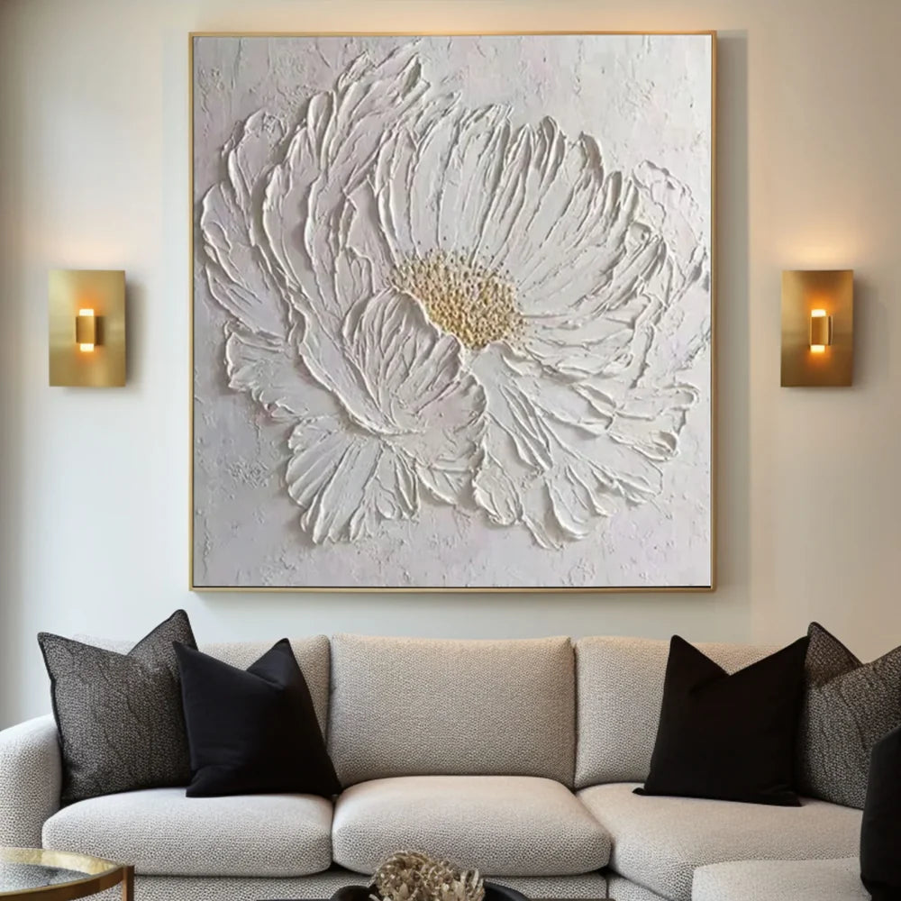White Minimalist Flower And Tree Textured Canvas Art #MF074