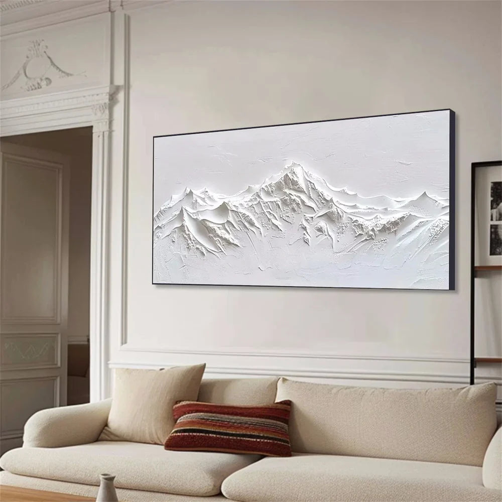 White Minimalist Mountain Textured Canvas Art #BT011