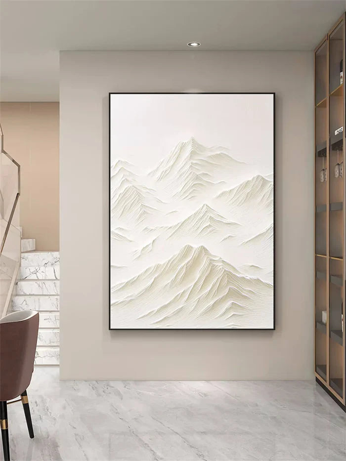 White Minimalist Mountain Textured Canvas Art #BT002