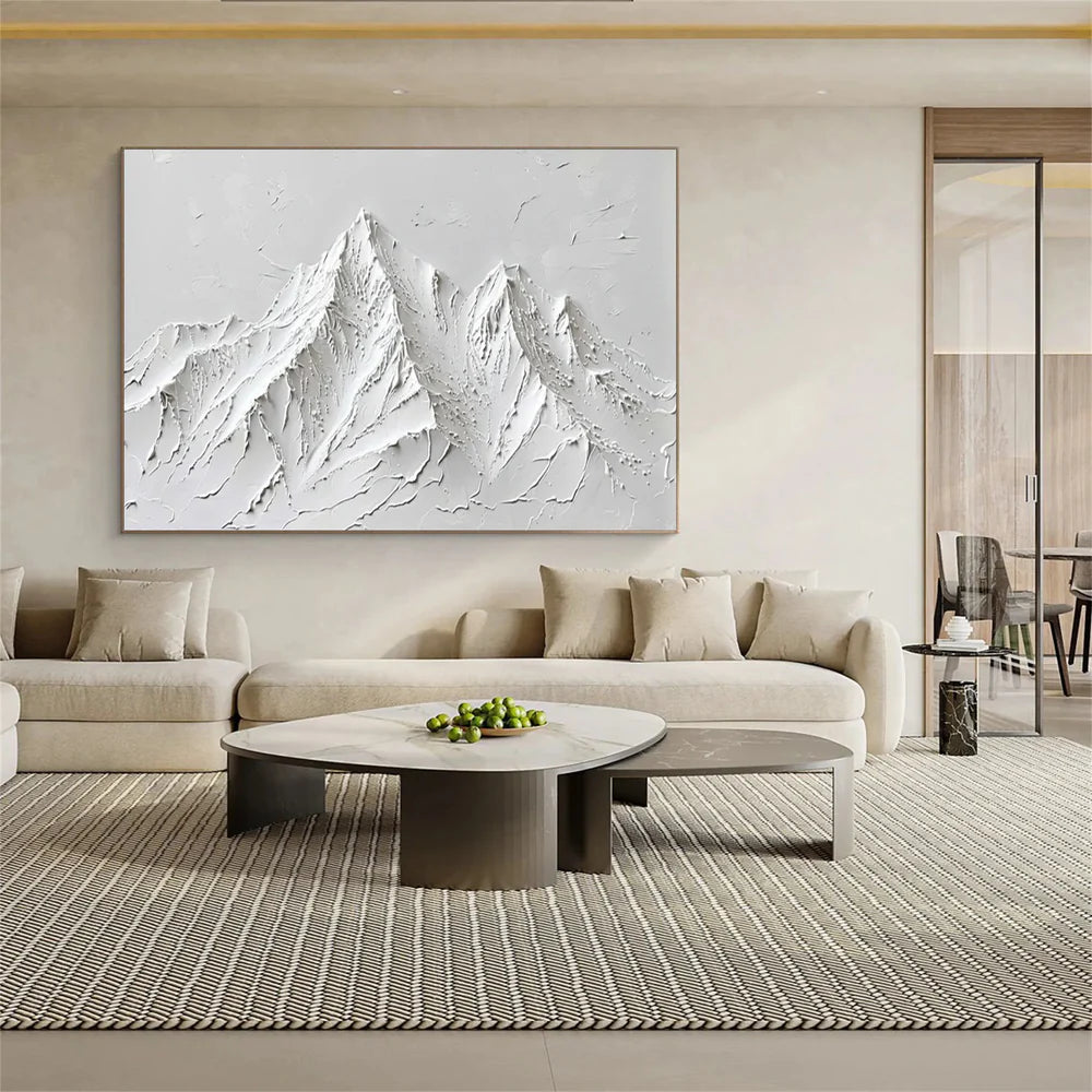 White Minimalist Mountain Textured Canvas Art #BT023