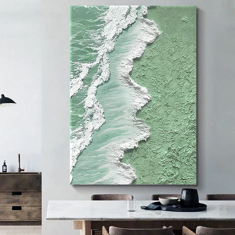Green & White Minimalist Ocean And Sky Textured Canvas Art #OC033