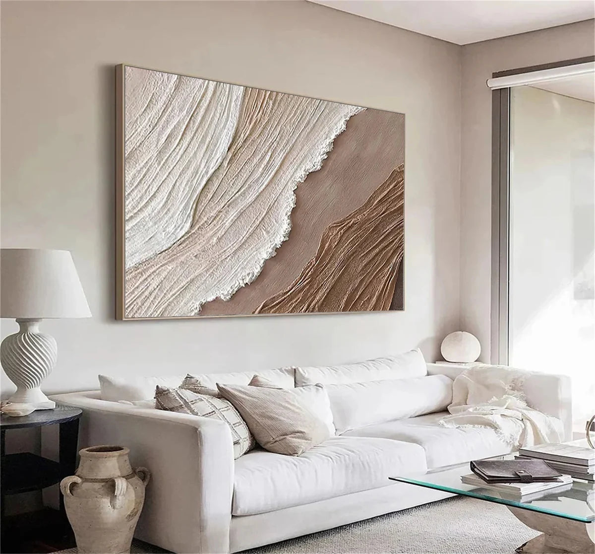 Beige & Brown Minimalist Ocean And Sky Textured Canvas Art #OC026
