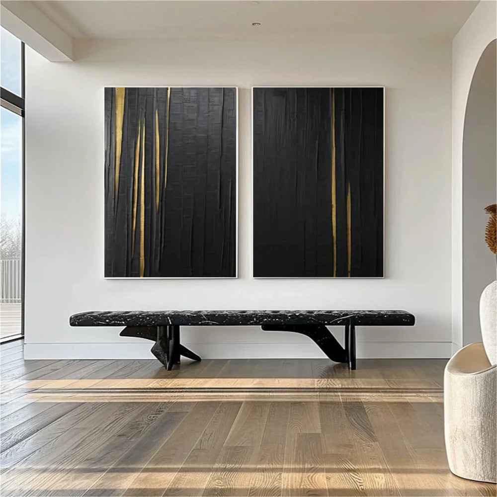 Black Minimalist Textured Canvas Art Set of 2 #WZ040