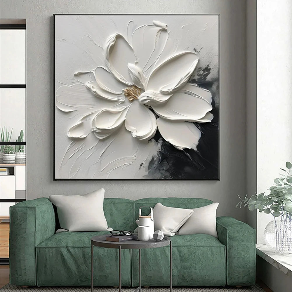 Black & White Minimalist Flower And Tree Textured Canvas Art #MF019