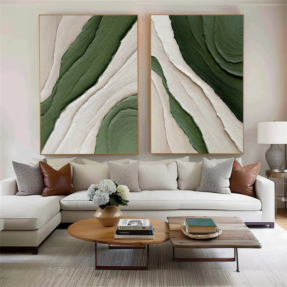 Green and White Minimalist Textured Wall Art Set of 2 #WM036