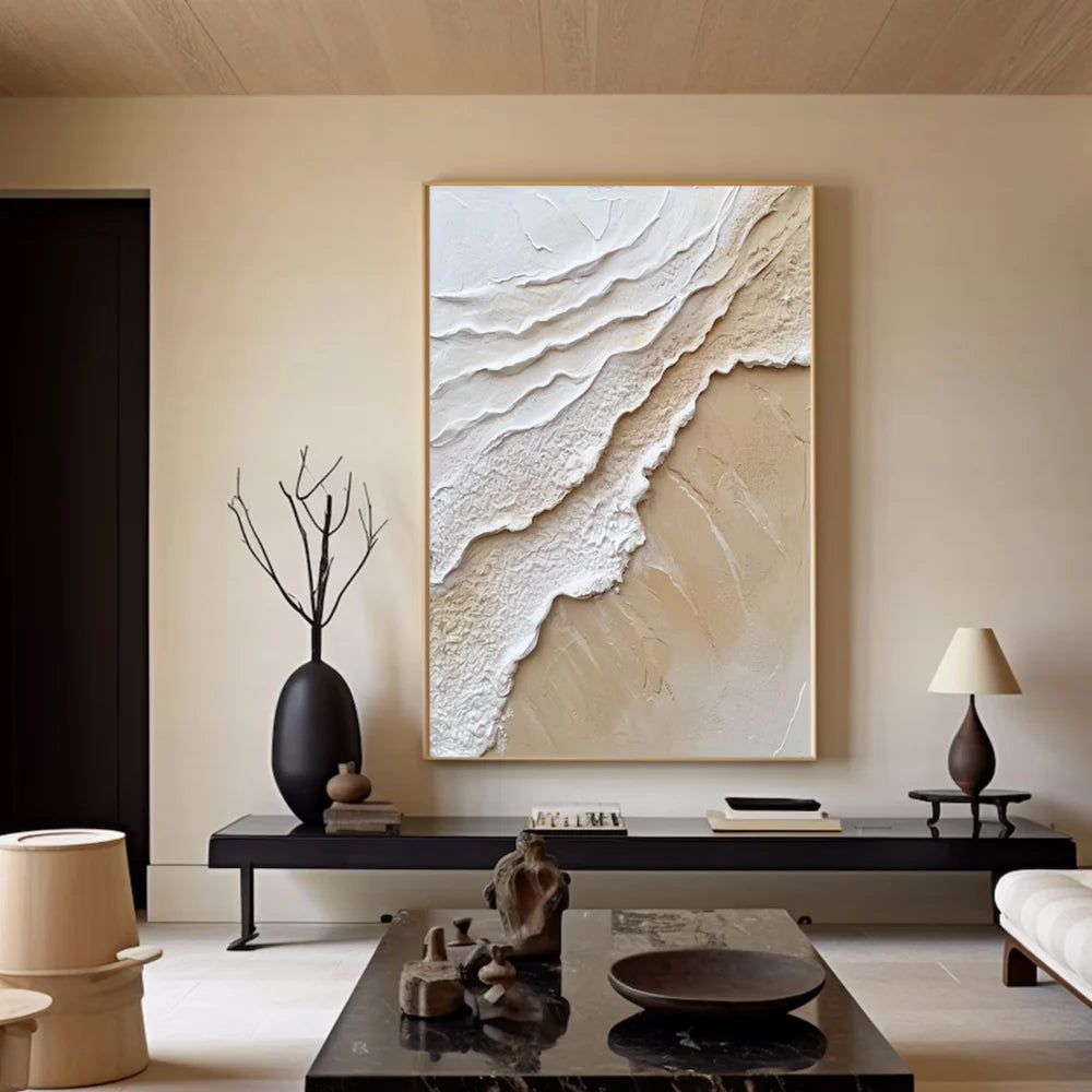 Brown & White Minimalist Ocean And Sky Textured Canvas Art #OC042