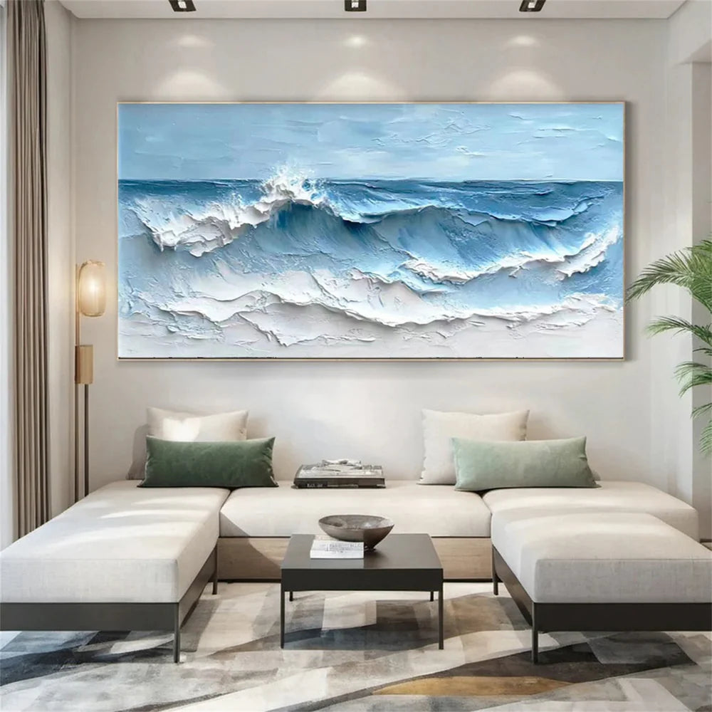 Blue & White Minimalist Ocean And Sky Textured Canvas Art # OC018