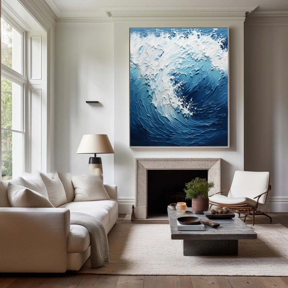 White & Blue Minimalist Ocean And Sky Textured Canvas Art #OC052