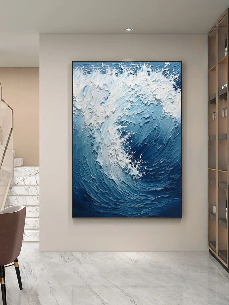 White & Blue Minimalist Ocean And Sky Textured Canvas Art #OC052