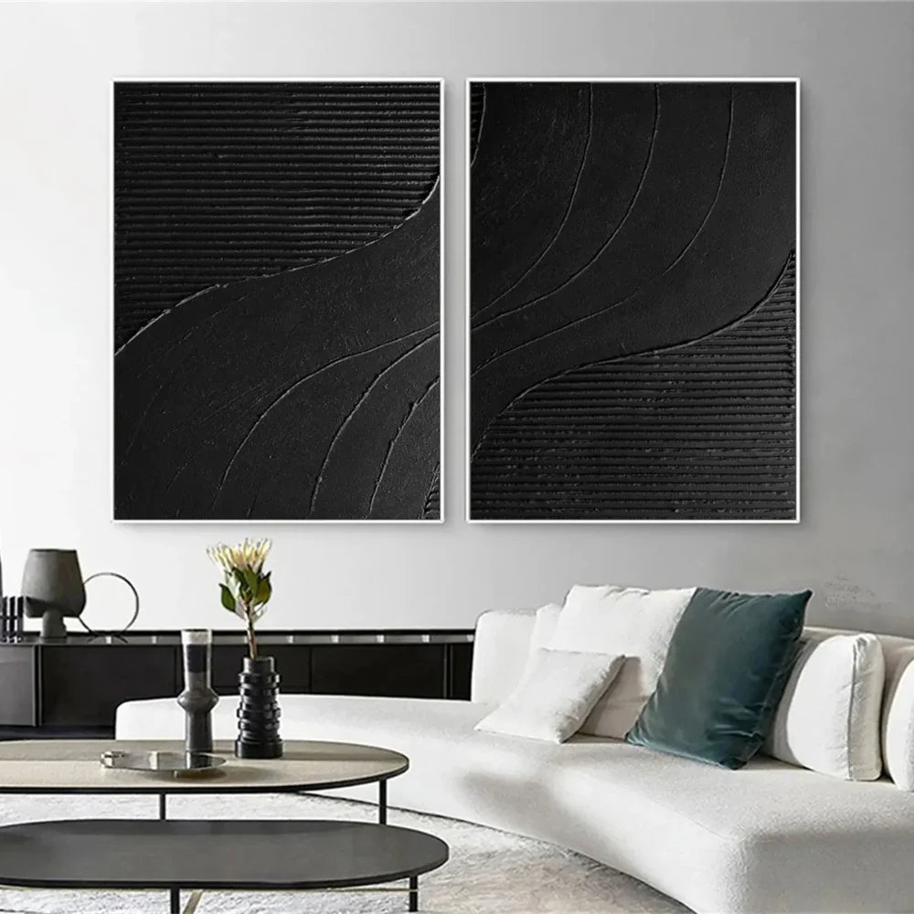Black Minimalist Textured Canvas Art Set of 2 #WZ078