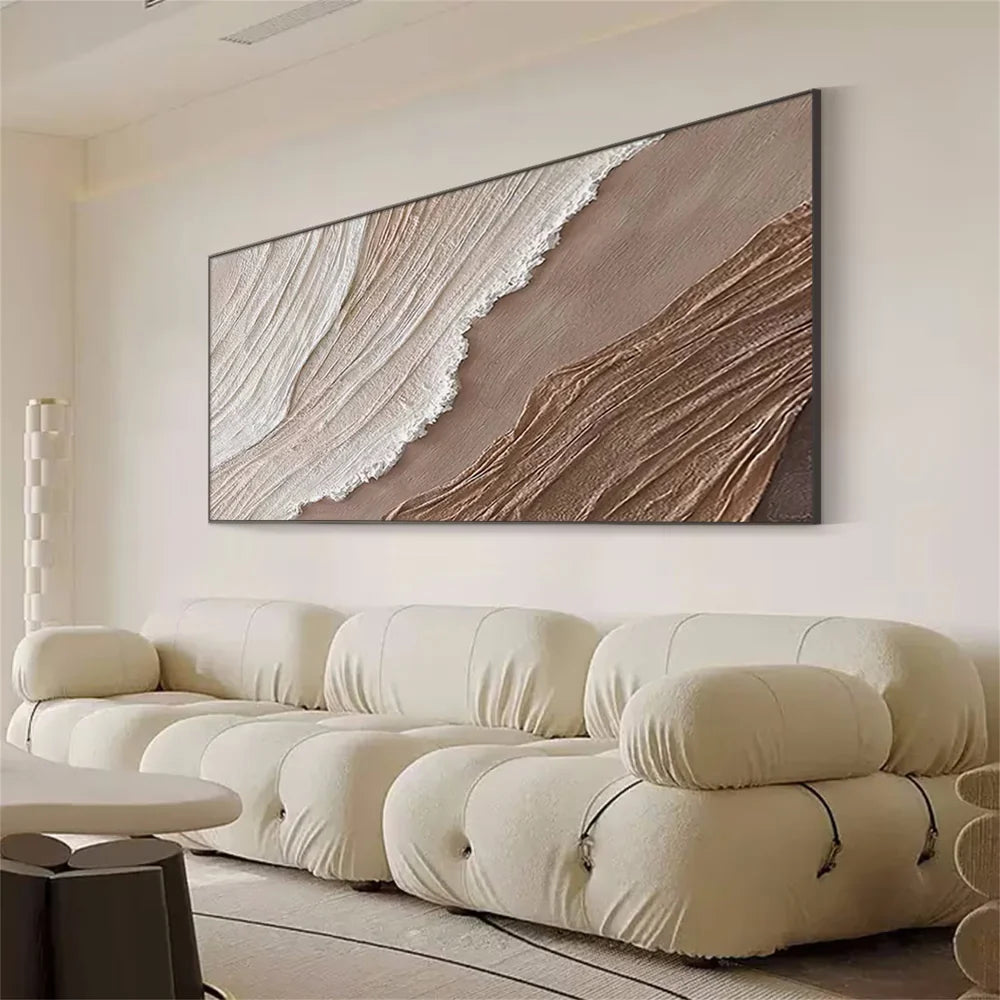 Beige & Brown Minimalist Ocean And Sky Textured Canvas Art #OC026