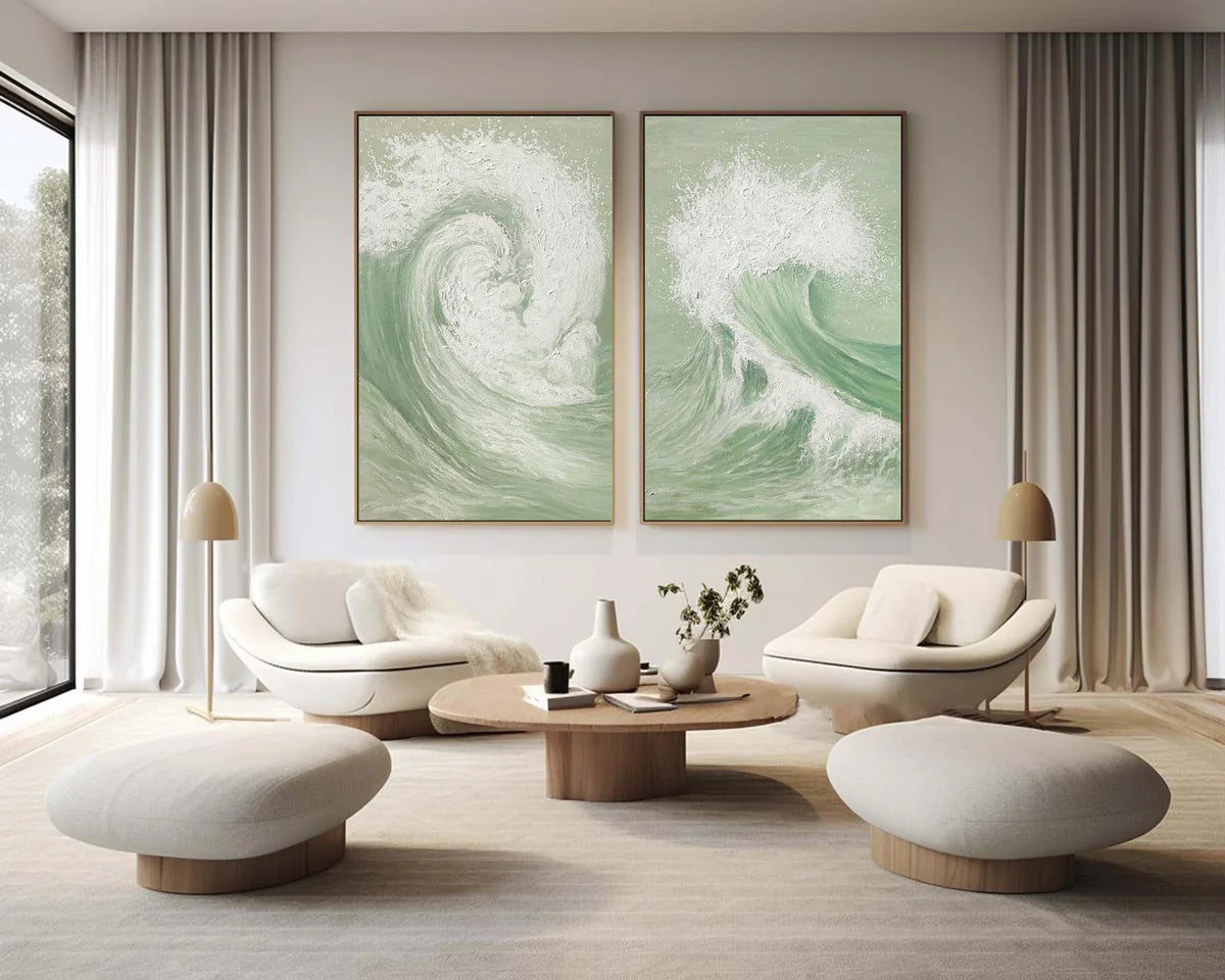 White & Green Minimalist Ocean And Sky Textured Set Of 2 Canvas Art #OC053