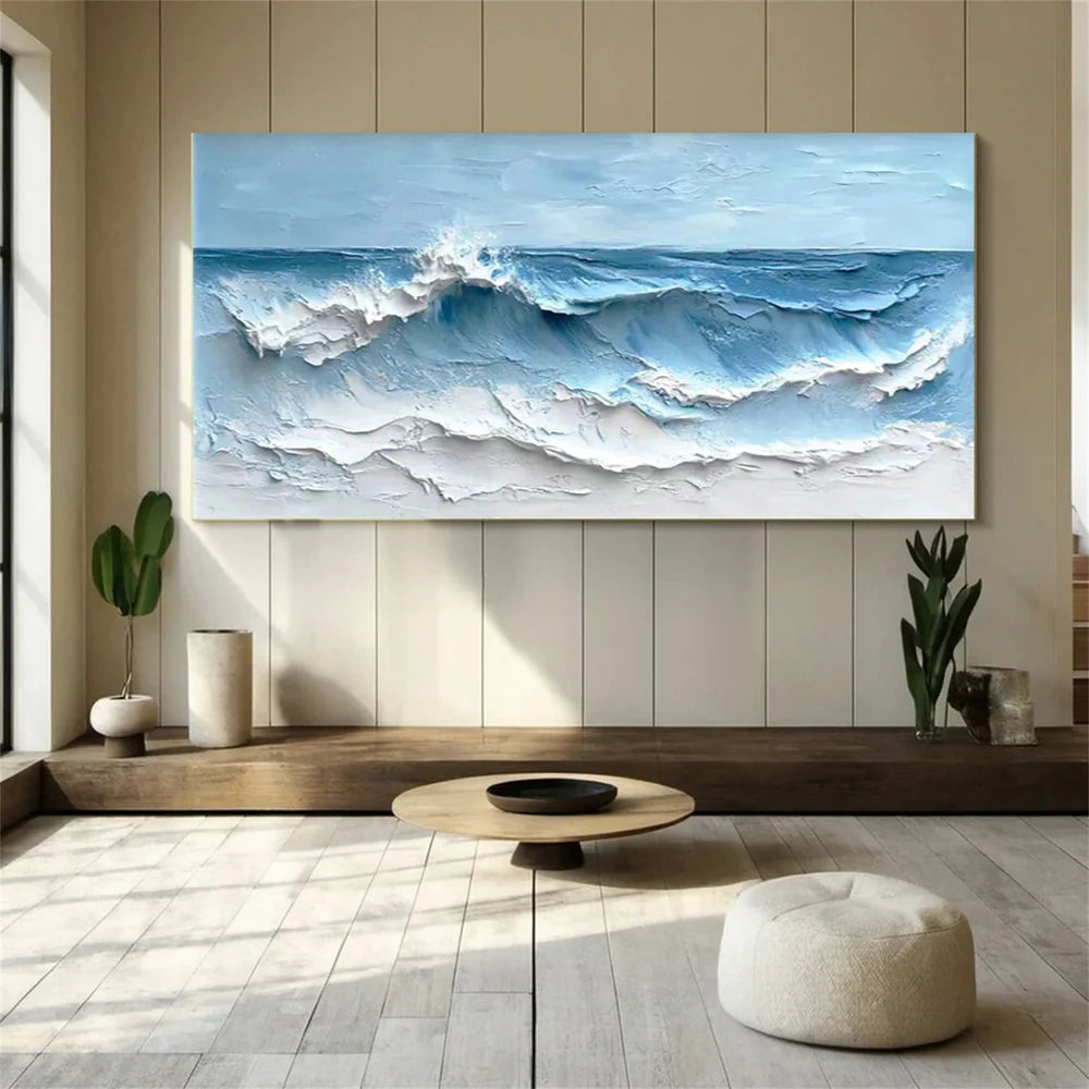 Blue & White Minimalist Ocean And Sky Textured Canvas Art # OC018