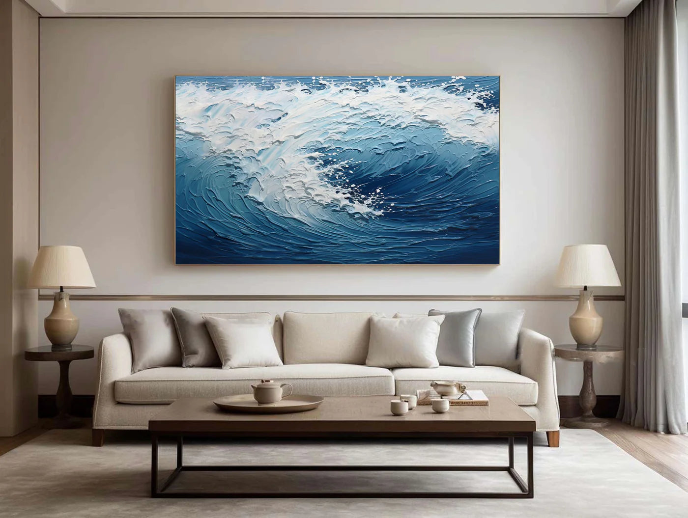 White & Blue Minimalist Ocean And Sky Textured Canvas Art #OC051