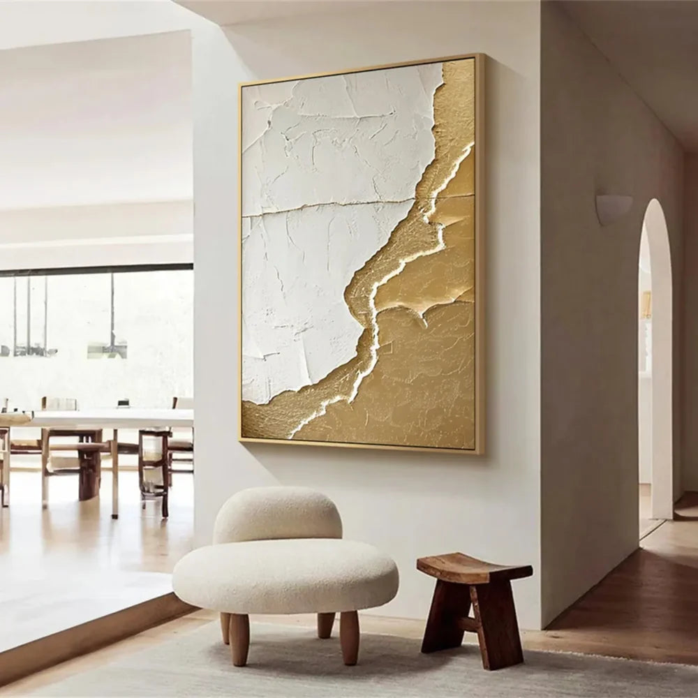 White and Gold Minimalist Textured Wall Art #WM052