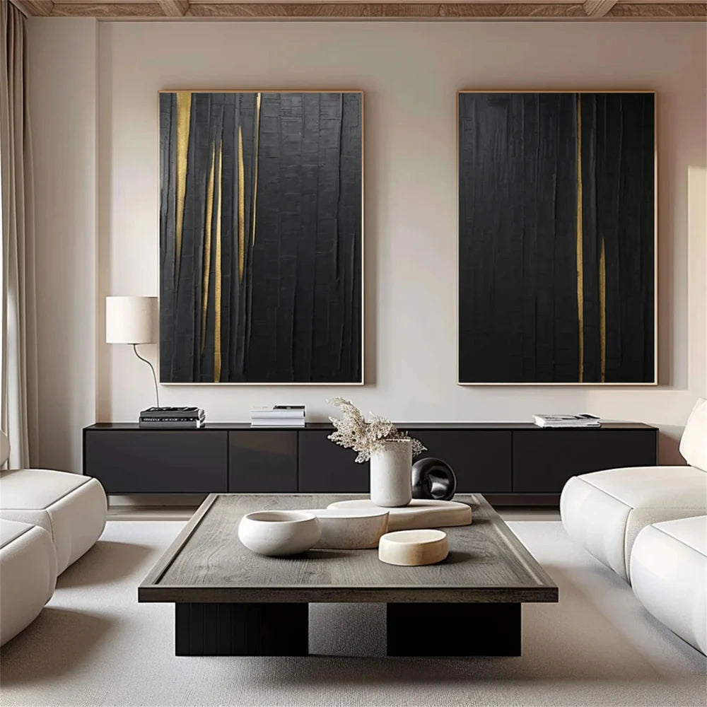 Black Minimalist Textured Canvas Art Set of 2 #WZ040