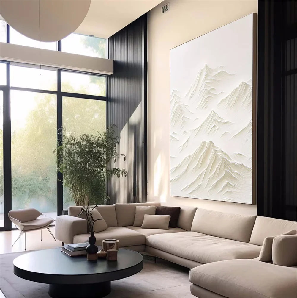 White Minimalist Mountain Textured Canvas Art #BT002