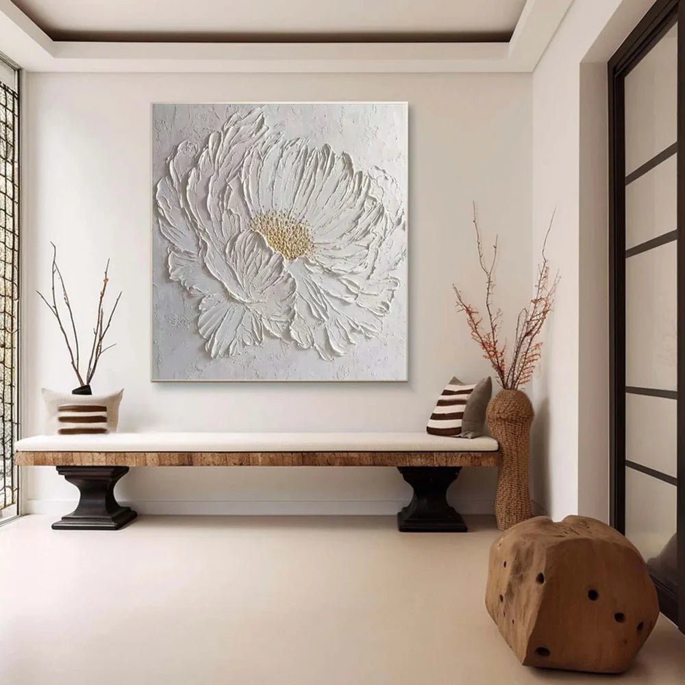 White Minimalist Flower And Tree Textured Canvas Art #MF074