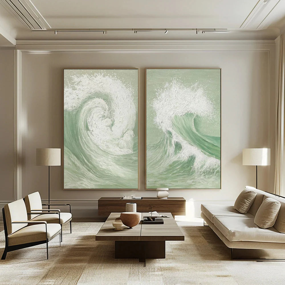 White & Green Minimalist Ocean And Sky Textured Set Of 2 Canvas Art #OC053