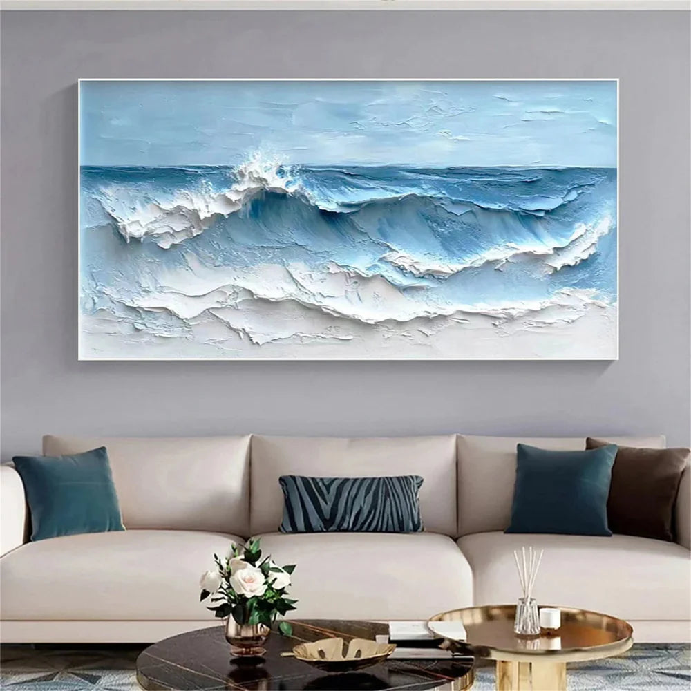 Blue & White Minimalist Ocean And Sky Textured Canvas Art # OC018