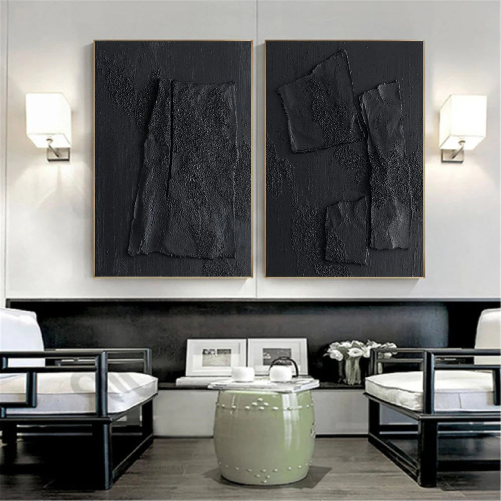 Black Minimalist Textured Canvas Art Set of 2 #WZ037