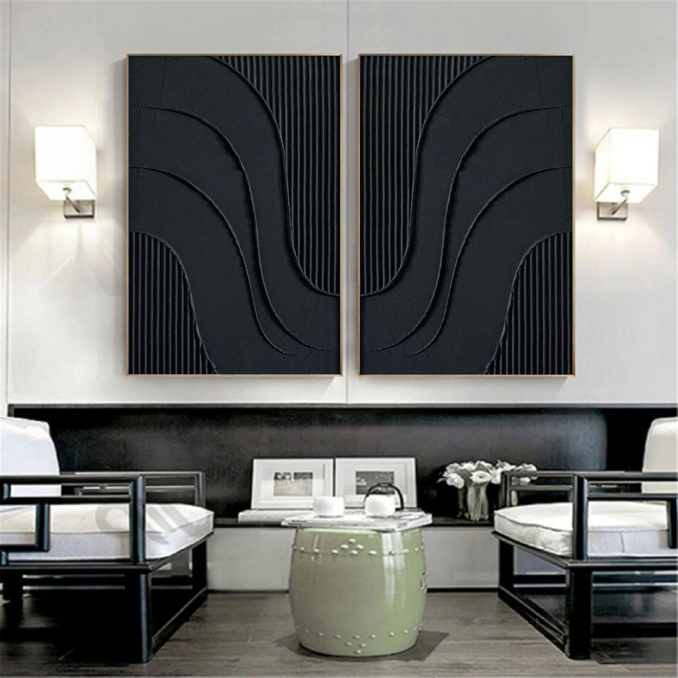 Black Minimalist Textured Canvas Art Set of 2 #WZ002