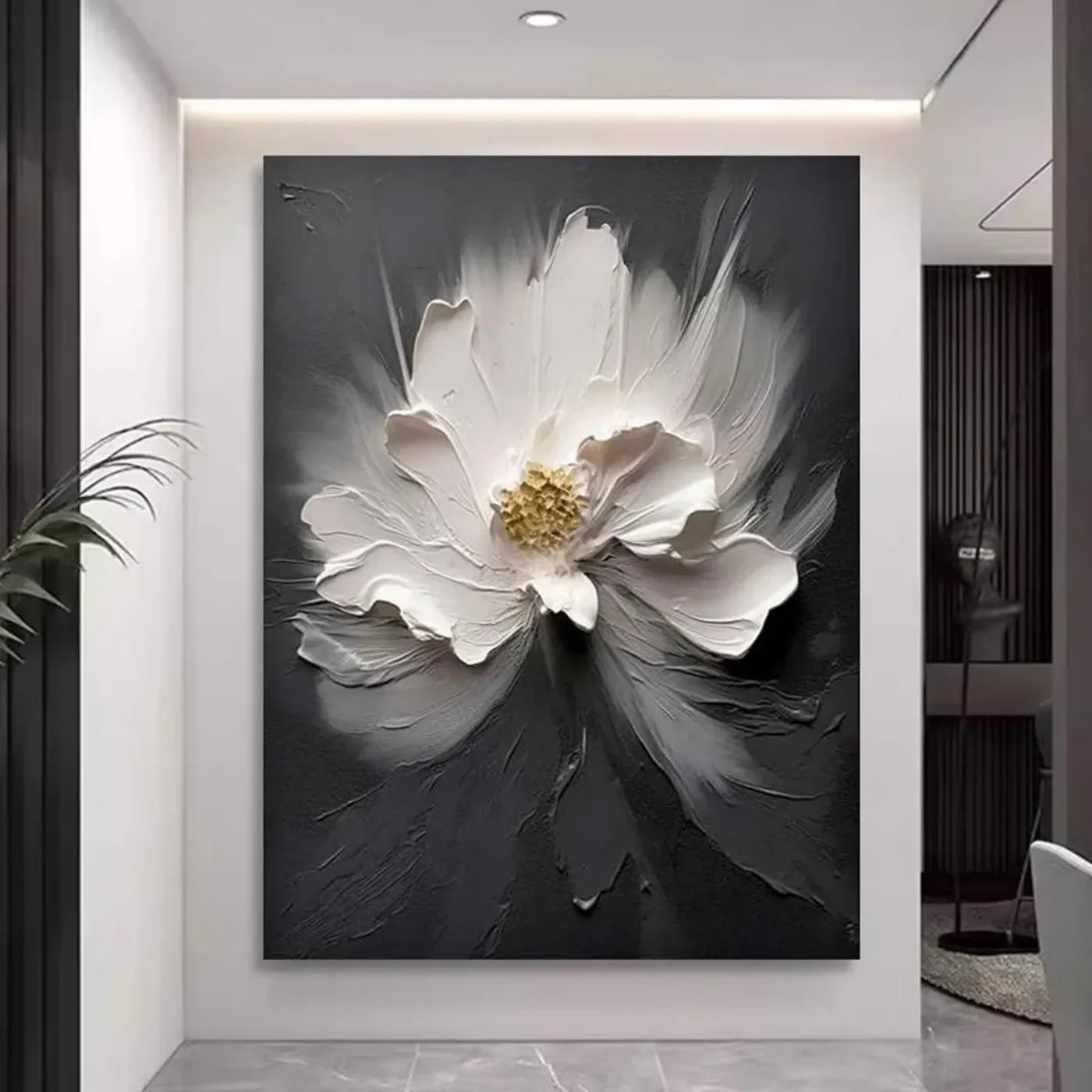 Black & White Minimalist Flower And Tree Textured Canvas Art #MF021