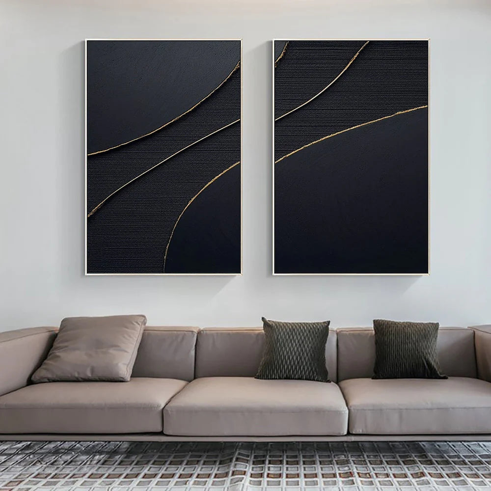 Black Minimalist Textured Canvas Art Set of 2 #WZ023