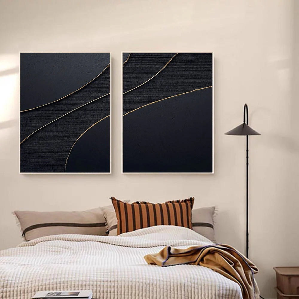 Black Minimalist Textured Canvas Art Set of 2 #WZ023