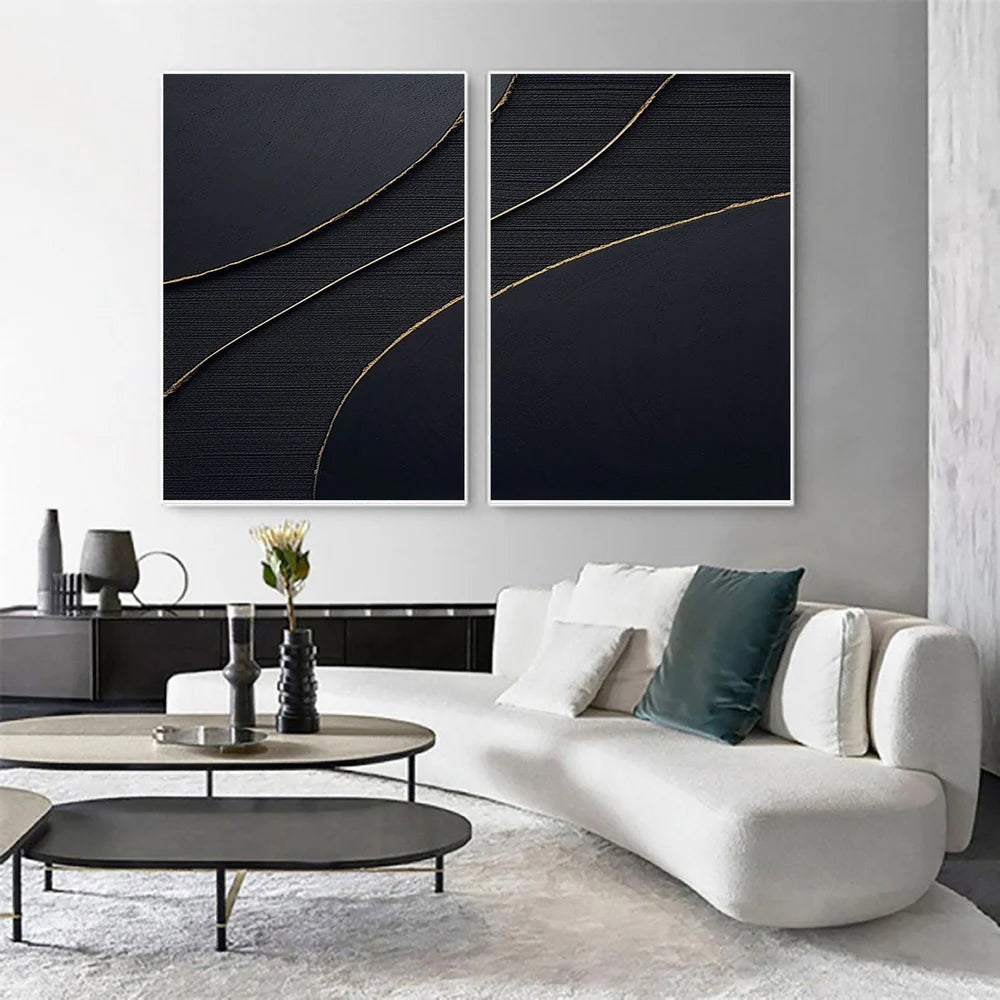 Black Minimalist Textured Canvas Art Set of 2 #WZ023