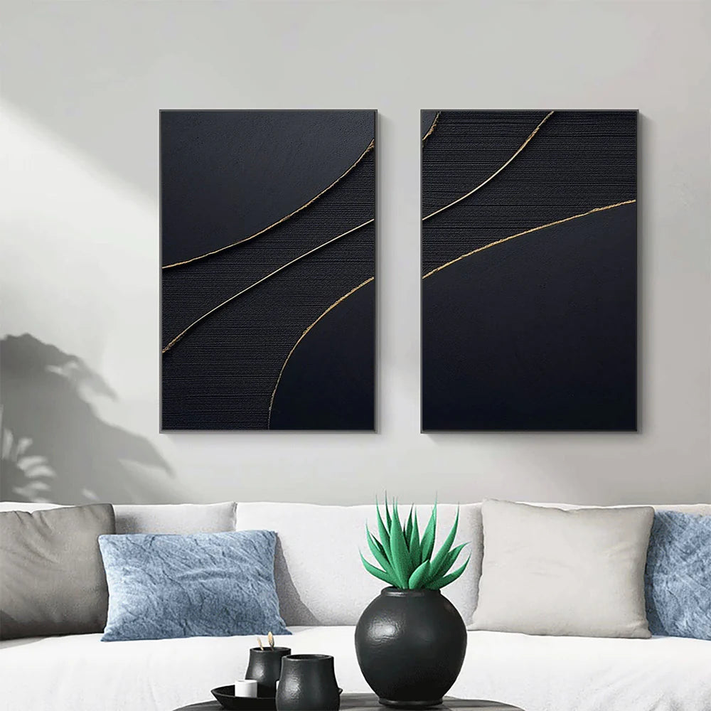 Black Minimalist Textured Canvas Art Set of 2 #WZ023