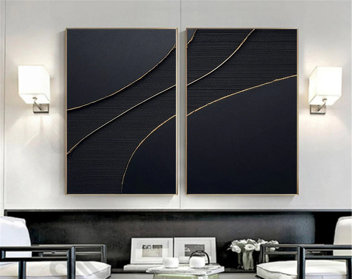 Black Minimalist Textured Canvas Art Set of 2 #WZ023