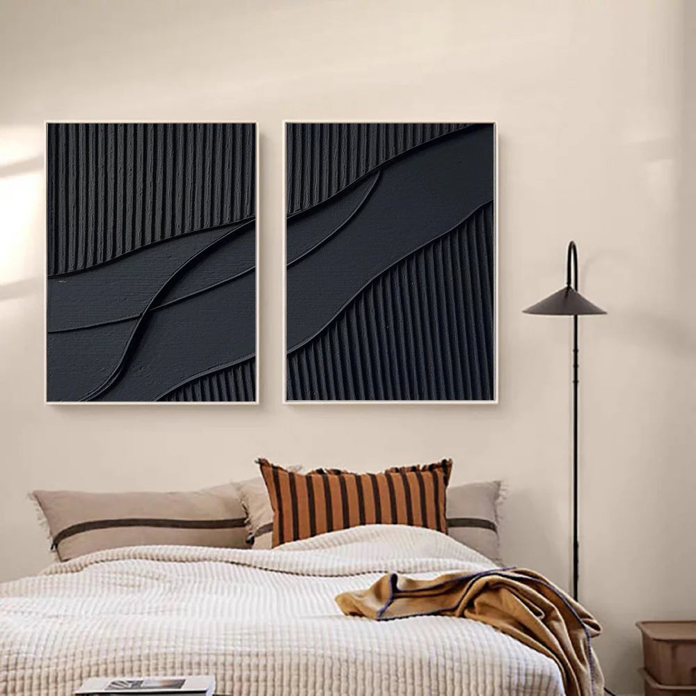 Black Minimalist Textured Canvas Art Set of 2 #WZ004