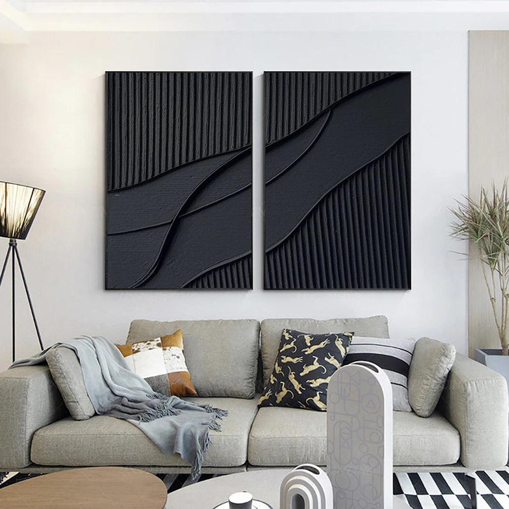 Black Minimalist Textured Canvas Art Set of 2 #WZ004