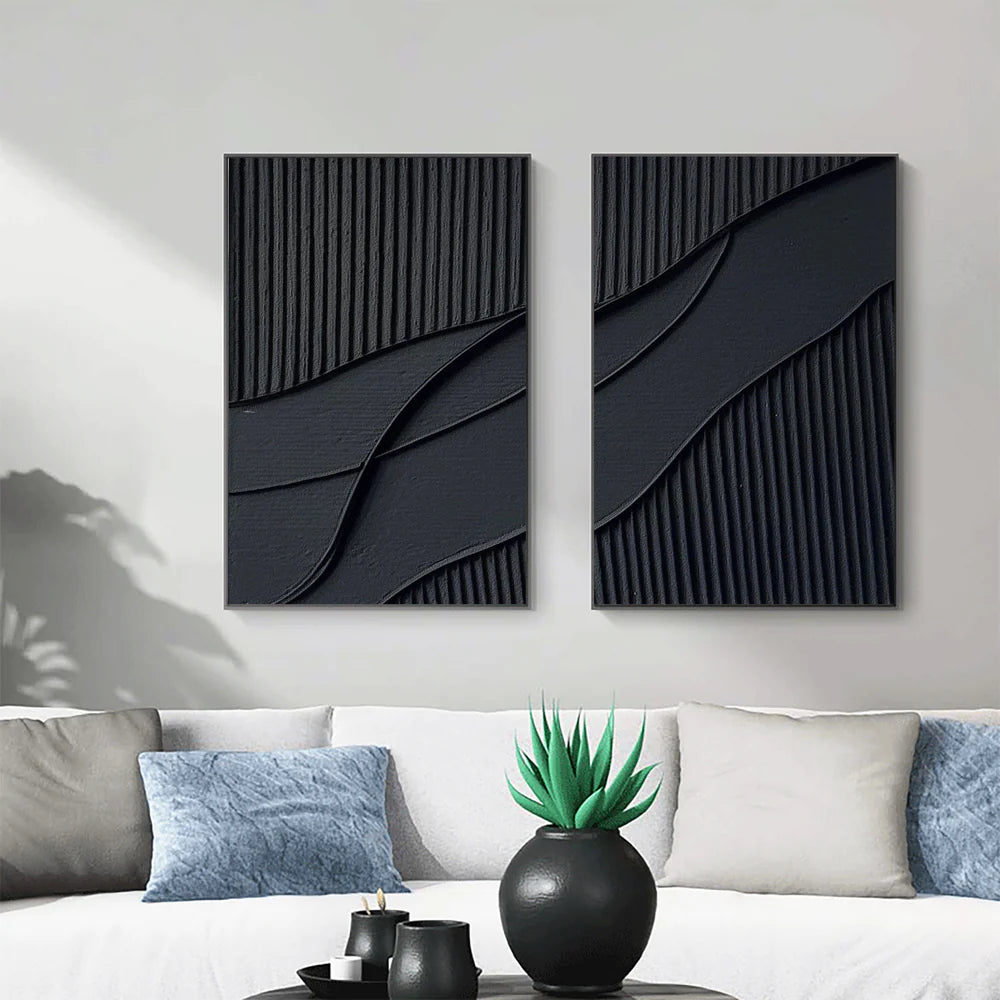Black Minimalist Textured Canvas Art Set of 2 #WZ004