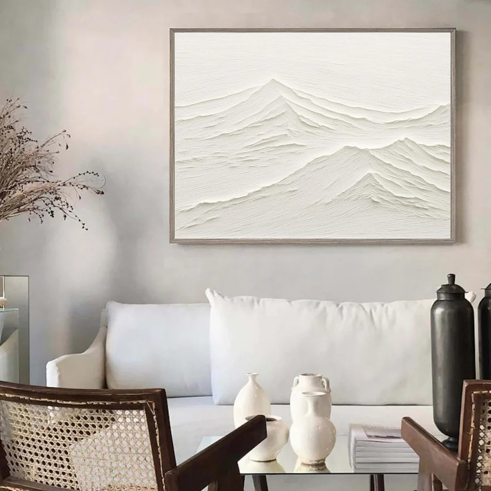 White Minimalist Mountain Textured Canvas Art #BT008