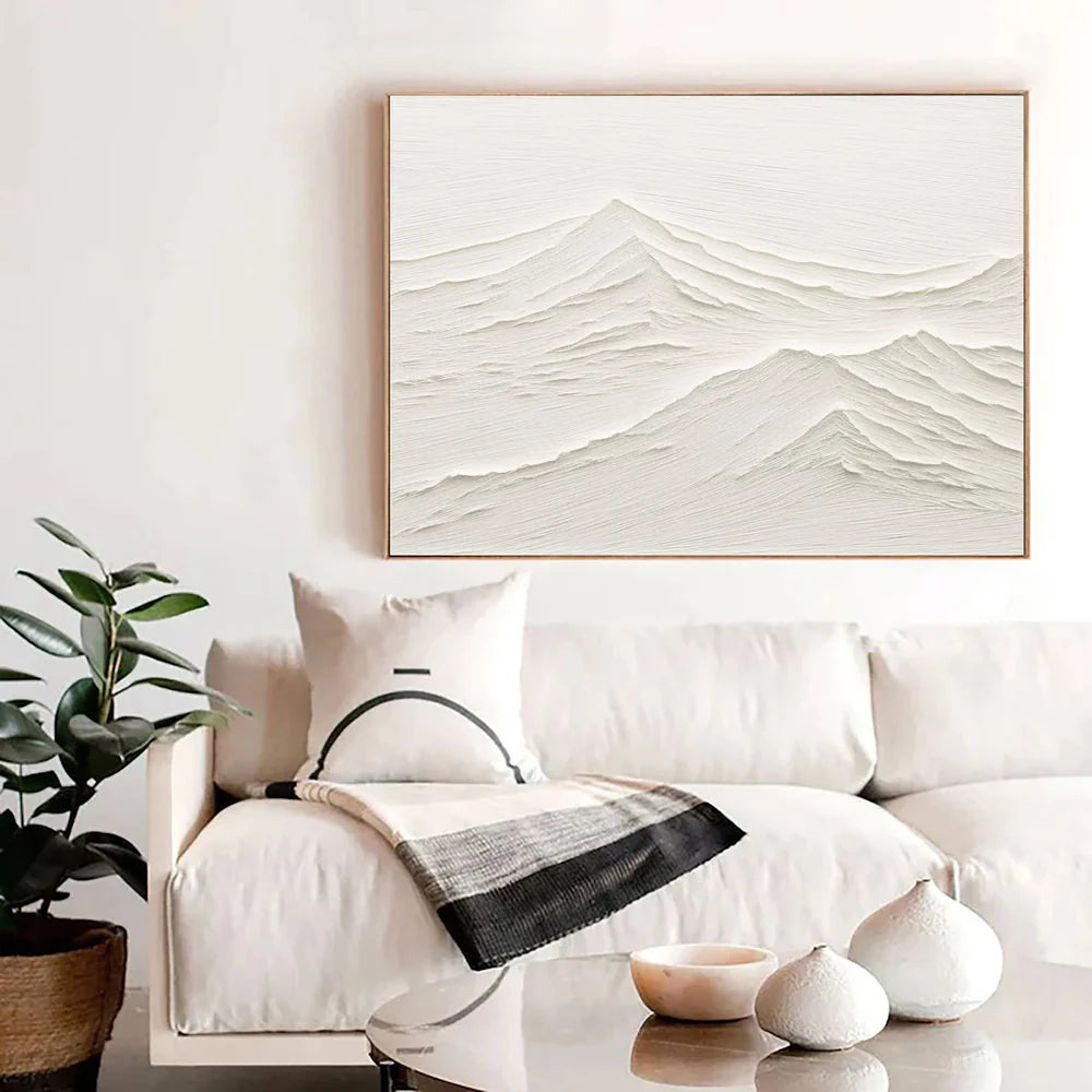 White Minimalist Mountain Textured Canvas Art #BT008