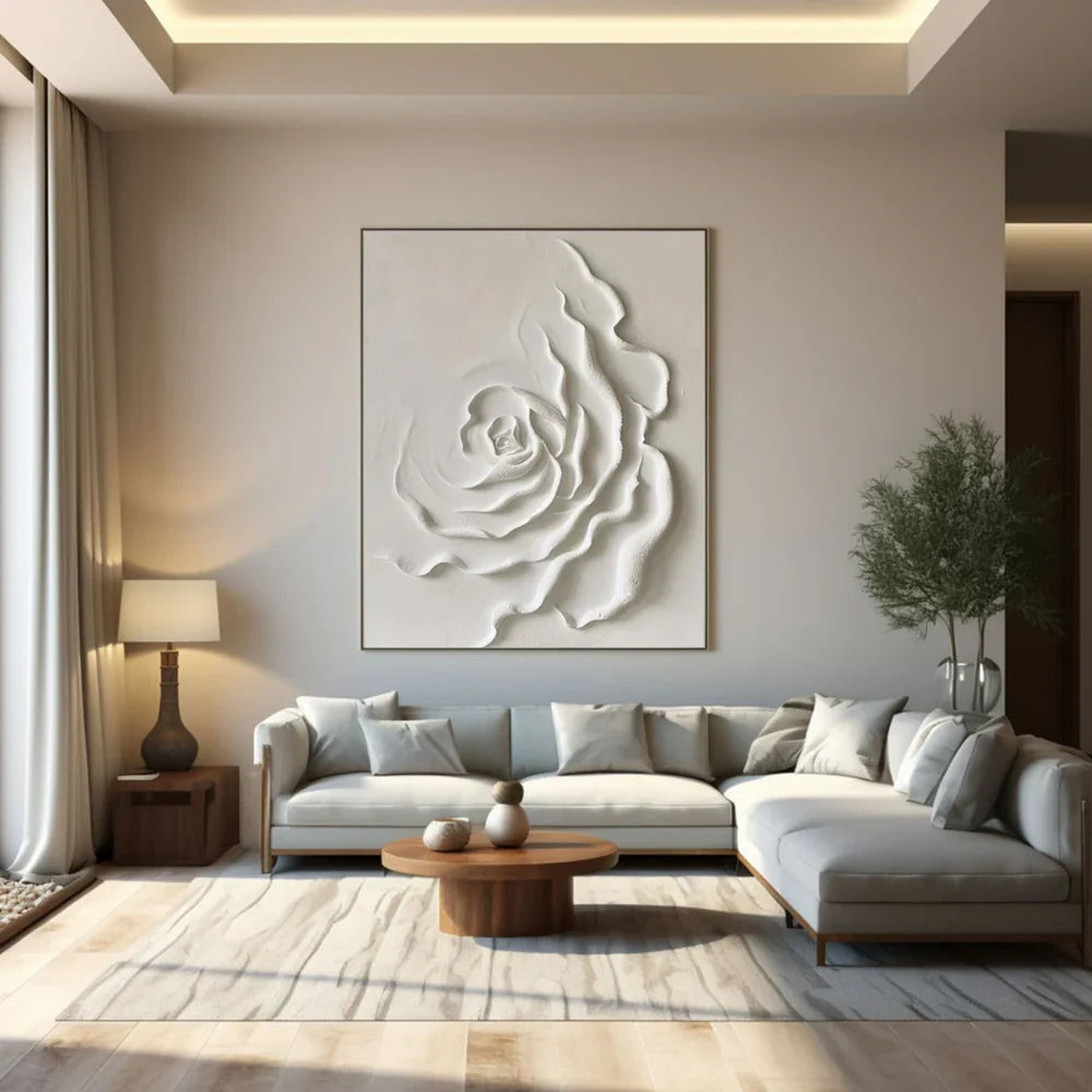 White Minimalist Flower And Tree Textured Canvas Art #MF023