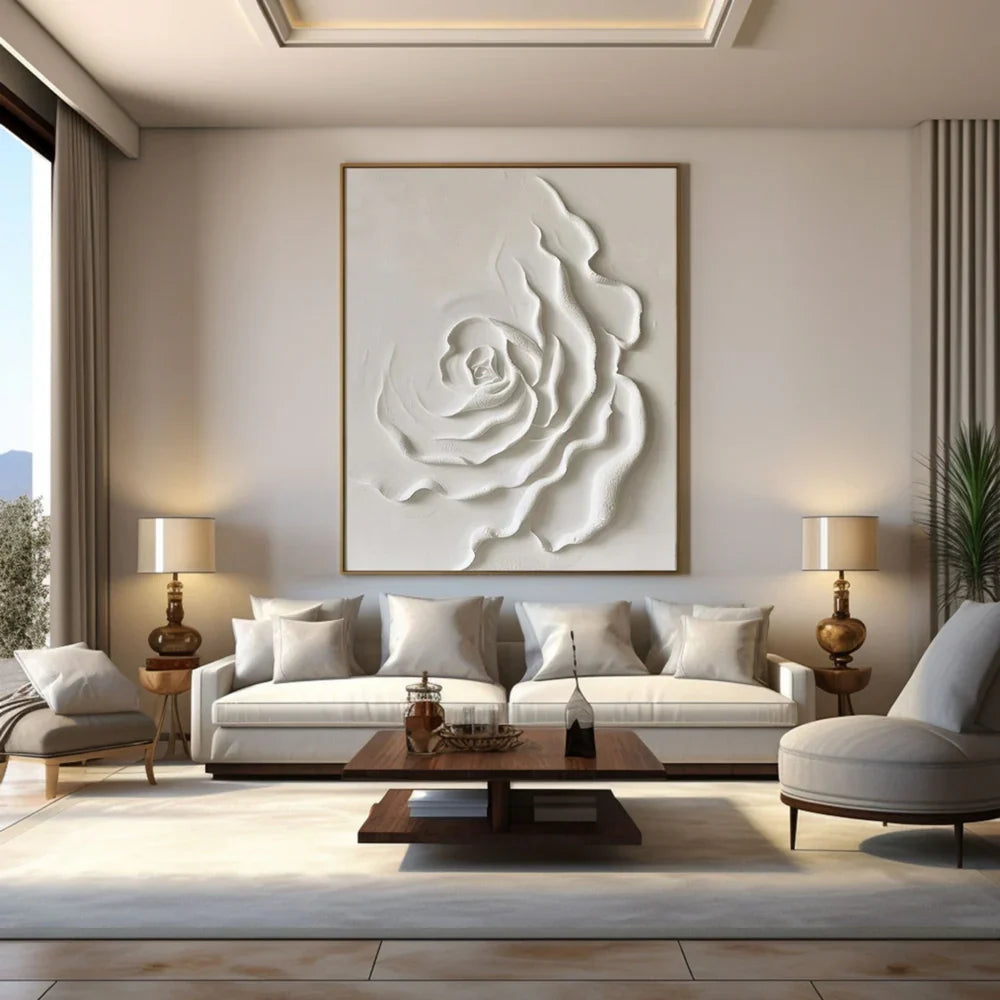 White Minimalist Flower And Tree Textured Canvas Art #MF023