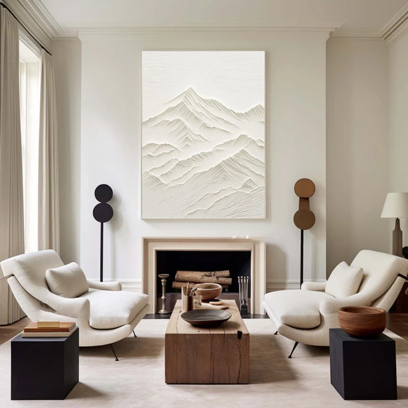 White Minimalist Mountain Textured Canvas Art #BT001