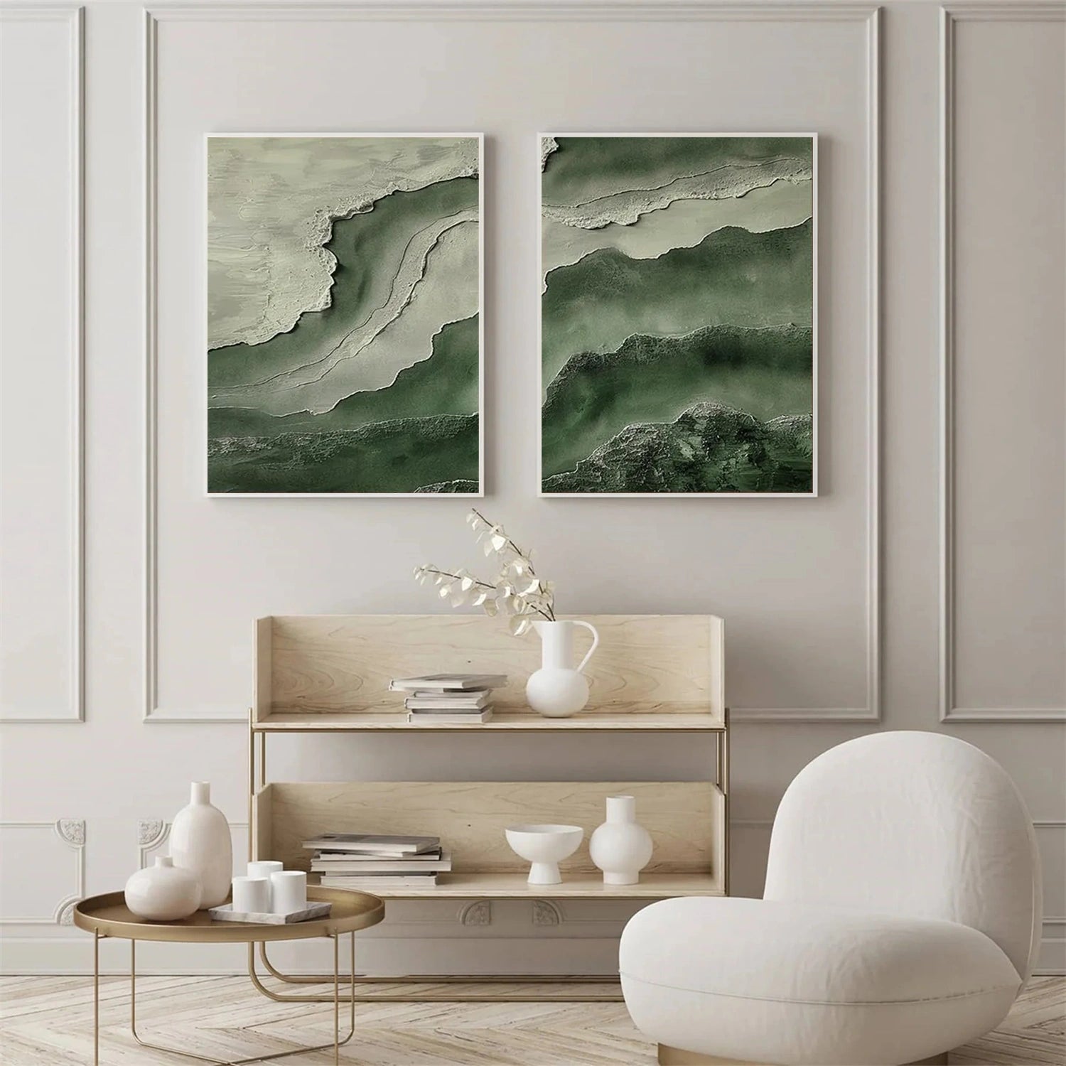 Green Minimalist Ocean And Sky Textured Canvas Art Set of 2 #OC111