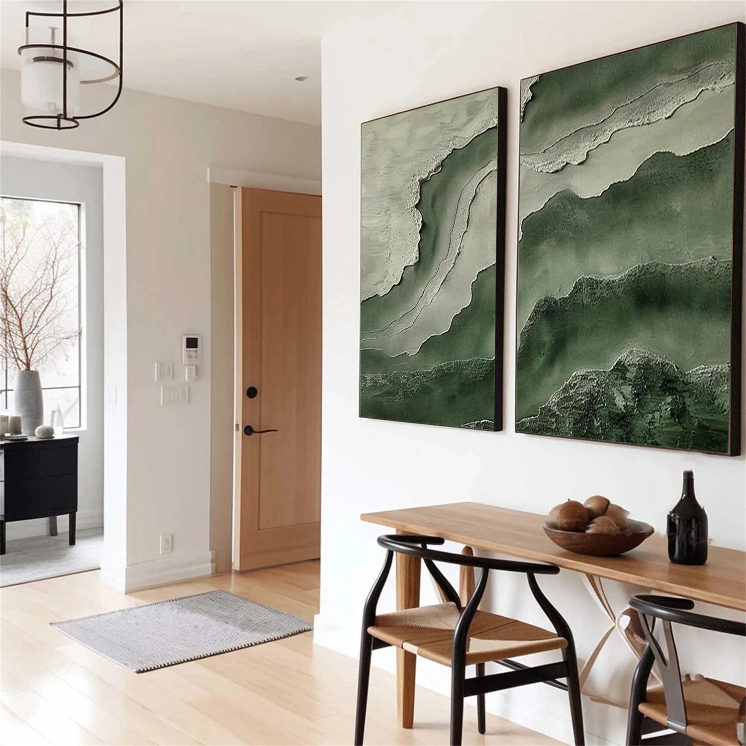 Green Minimalist Ocean And Sky Textured Canvas Art Set of 2 #OC111