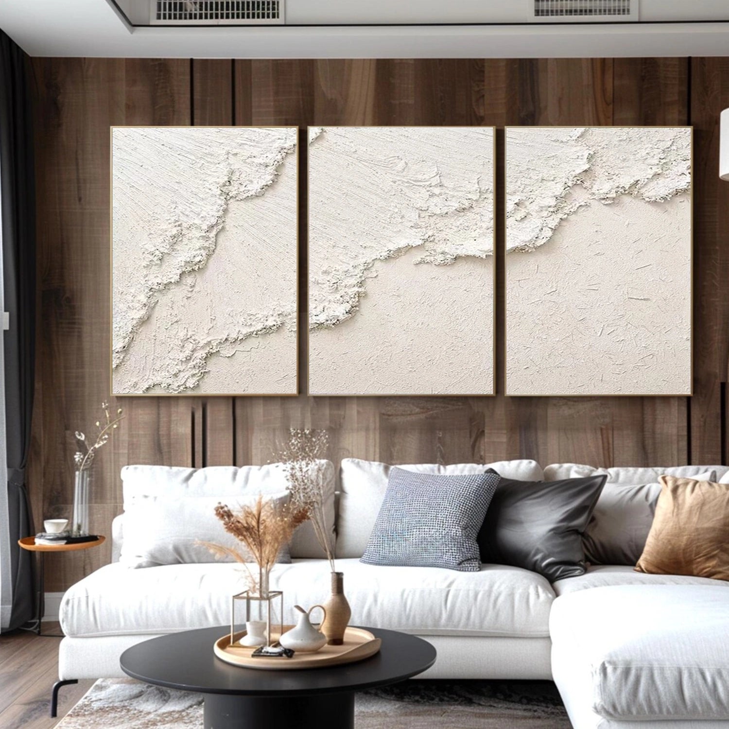 White Minimalist Ocean And Sky Textured Canvas Art Set of 3 #OC112