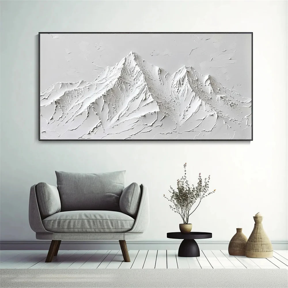 White Minimalist Mountain Textured Canvas Art #BT023