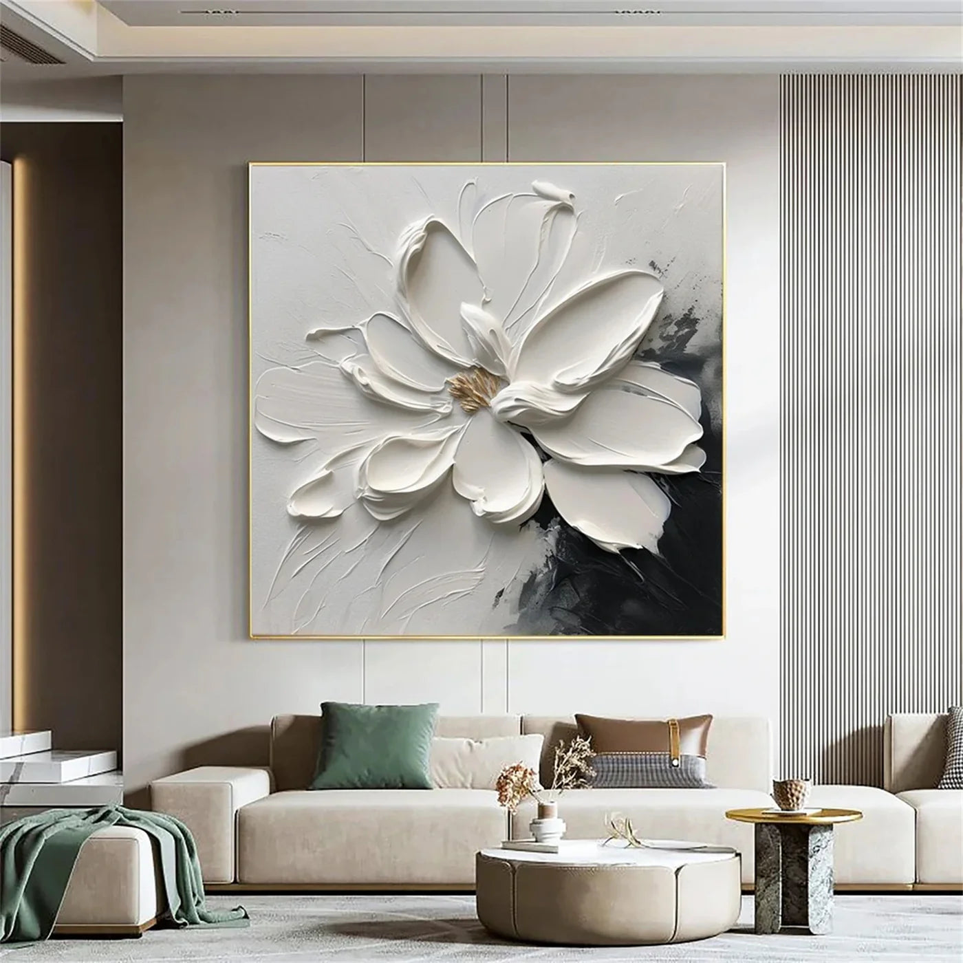 Black & White Minimalist Flower And Tree Textured Canvas Art #MF019